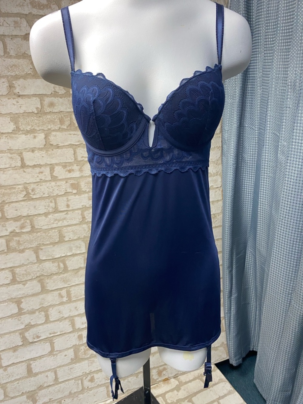 Navy Lace-Detail Chemise with Garter Straps